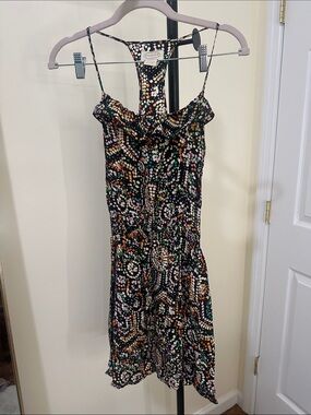 Printed Black Spaghetti-Strap Mini Dress with Multicolor Dot Pattern